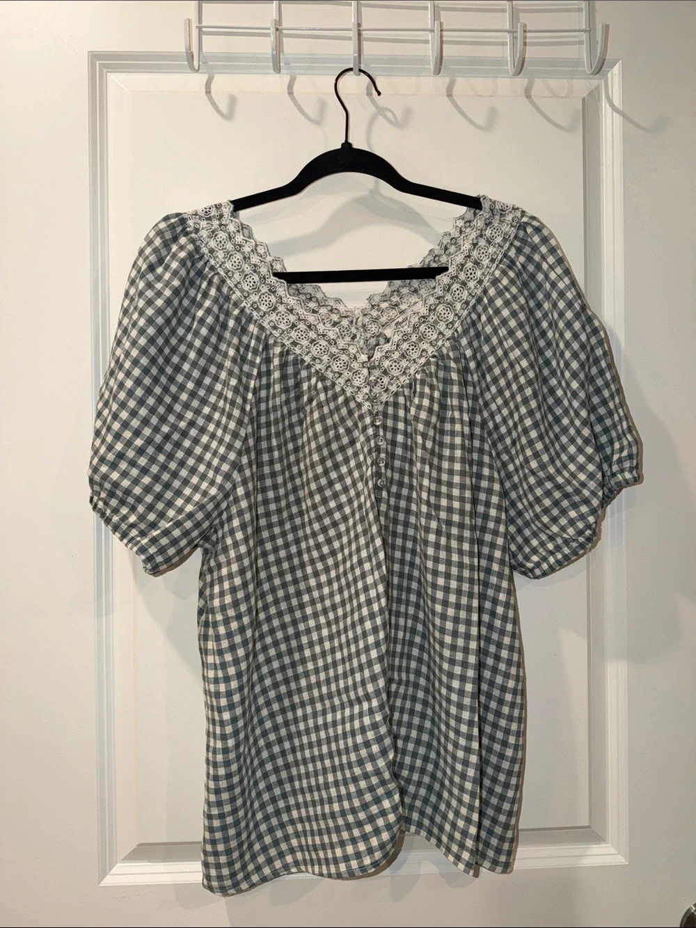 Madewell Green Gingham Lace-Trim Peasant Blouse